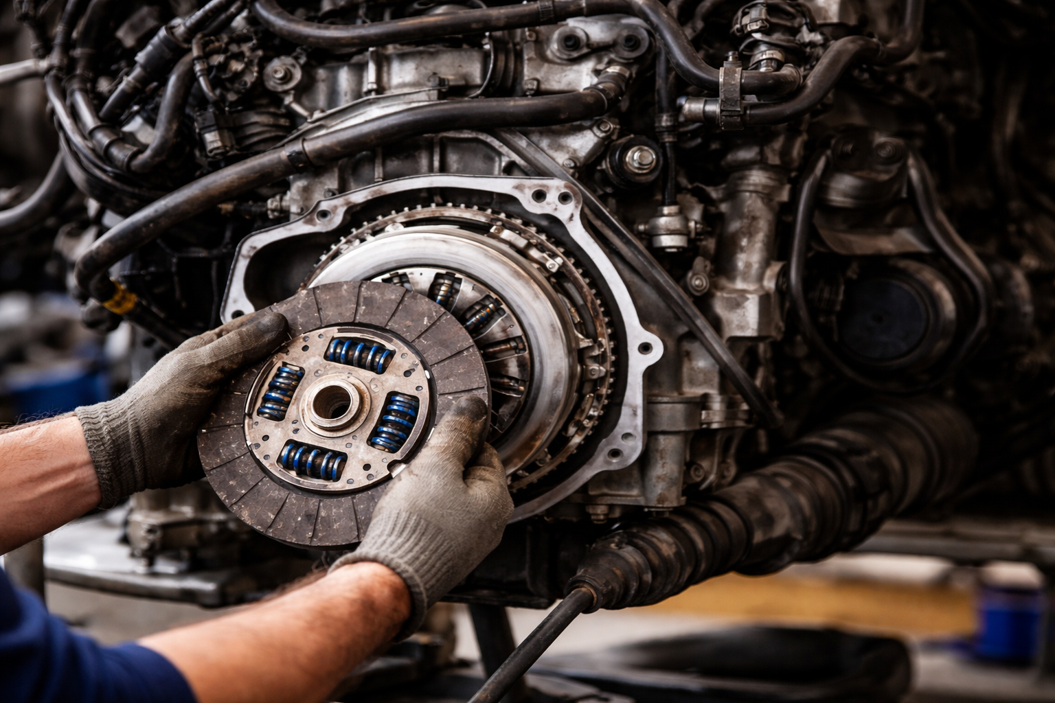 Professional clutch replacement in progress, showing mechanic installing new clutch disc into vehicle engine