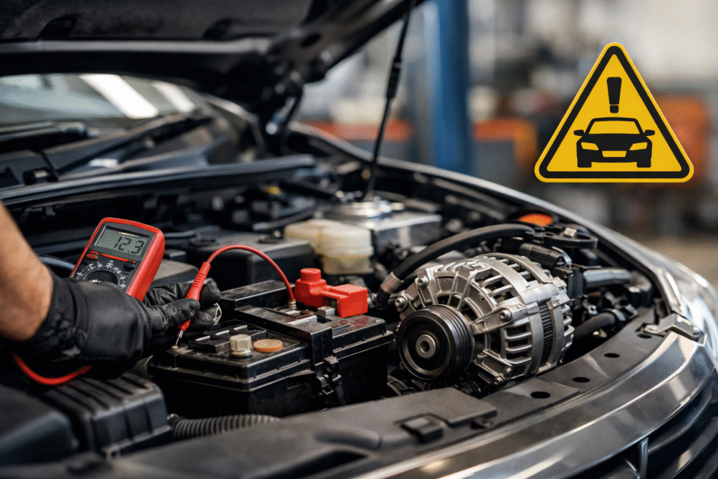 Mechanic checking car battery and alternator with diagnostic tools to identify a no-start issue in an auto repair garage.