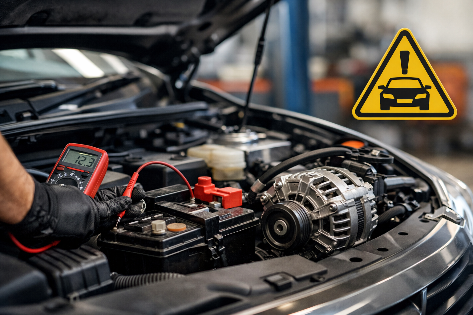 Mechanic checking car battery and alternator with diagnostic tools to identify a no-start issue in an auto repair garage.